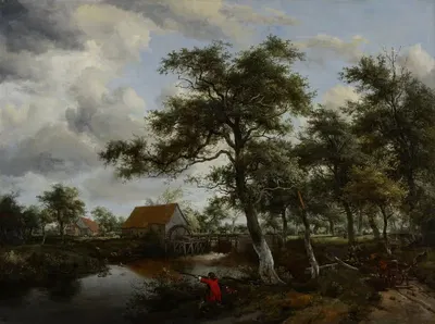 Wooded Landscape with Watermill by Meindert Hobbema, c. 1665 — digital art print download