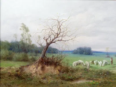 Стадо овец с пастухом на открытом ландшафте by Раймунд Риттер фон Вихера — digital art print download