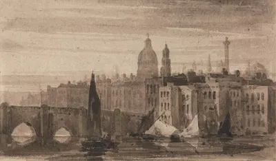 Old London Bridge and St. Paul's Cathedral From the Thames by David Cox — digital art print download