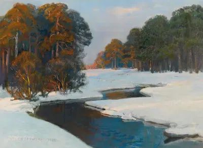 Winter Landscape in the Evening Light by Stefan Popowski, 1935 — digital art print download