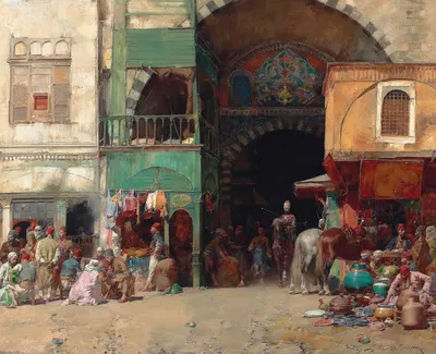 Marketplace At The Entrance To A Bazaar, Constantinople by Alberto Pasini — digital art print download