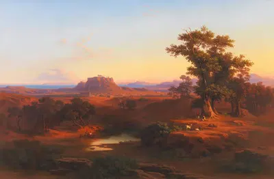 Shepherds In A Bucolic Athenean Landscape With The Acropolis And Piraeus Beyond by András Markó, 1868 — digital art print…