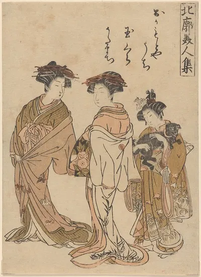 Two Courtesans and a Kamuro Carrying a Dog by Koryûsai Isoda — digital art print download