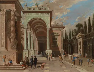 An Architectural Capriccio With Figures Outside A Palace by Ascanio Luciani — digital art print download