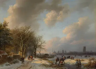 Skaters On A Waterway With A Koek-En-Zopie Beyond by Barend Cornelis Koekkoek, 1854 — digital art print download