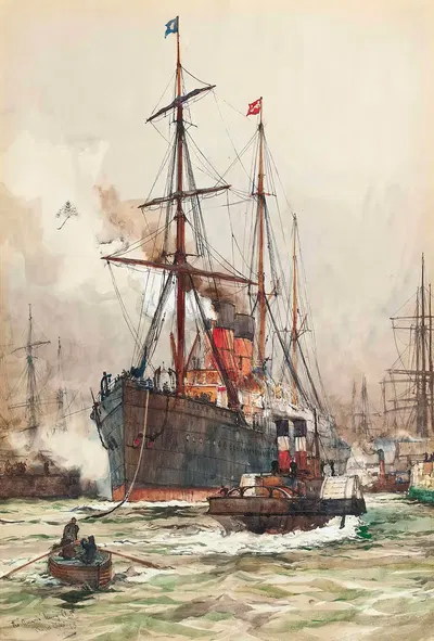 Аурания под эскортом покидает порт в Ливерпуле by Шарль Эдвард Диксон, 1898 — digital art print download