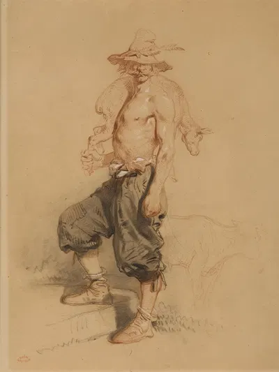 A rural laborer with a calf slung over his shoulder by Юджин Ле Поитевен — digital art print download