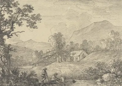 Two Figures by the Side of a Pond and a Church in a Hilly Landscape by Джордж Хоуленд Бомонт — digital art print download