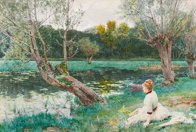 Jeune Fille Au Bord De L'étang by Louis Emile Adan — digital art print download