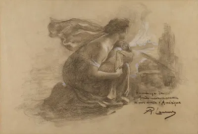 Мать и дитя и горящее село by Поль Альбер Лоренс — digital art print download