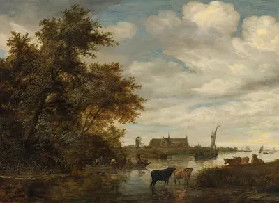 Речной пейзаж с рыбаками и скотом, Гроте Керк в Алкмаре на заднем плане by Якоб Саломонсз. ван Руйсдал, 1664 — digital art…