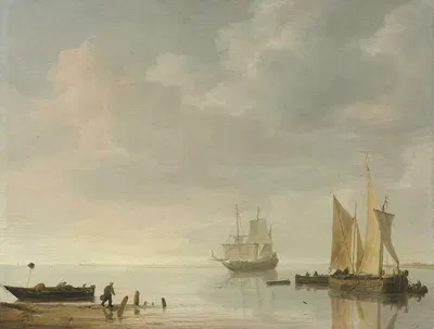 Coastal Scene With Ships Resting On Calm Waters by Simon de Vlieger — digital art print download