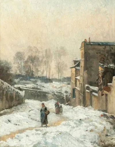 Figures In The Snow, La Rue Cortot, Montmartre by Stanislas Lépine — digital art print download