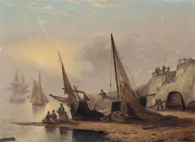 Рыбаки, сидящие у своей лодки, отлив, Девон by Томас Луни, 1832 — digital art print download