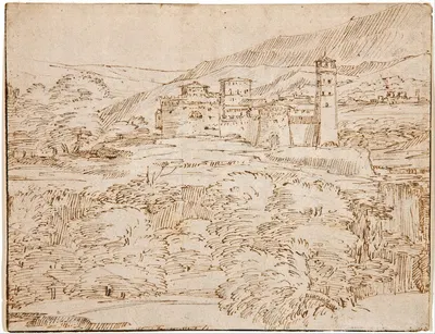 A landscape with a castle above a belt of trees by Джованни Франческо Гримальди — digital art print download