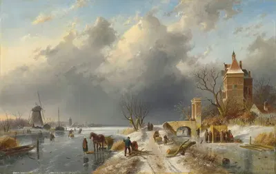 A winter landscape with figures on the ice by Charles Leickert, 1895 — digital art print download