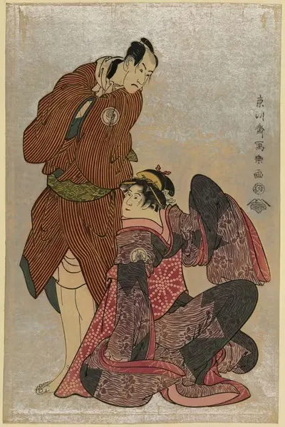 Sandiaime bandō hikosaburō (no obiya chōmemon to) yodaime iwai hanshirō (no shinanoya ohan) by Tōshūsai Sharaku, 1795 —…