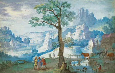 Пейзаж с Христом на пути в Эммаус, женщина, пасущая скот справа by Ханс Бол, 1585 — digital art print download