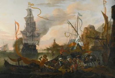 A Levantine Harbour With A Galley And A Man-Of-War Coming In To Anchor, Together With Many Figures On Shore by Hendrik van…