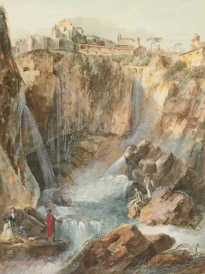Вид на каскады в Тиволи с рыбаками и туристами by Луи Беланже, 1783 — digital art print download