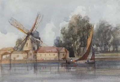 Челнок, проходящий мимо ветряной мельницы и фермерских построек by Томас Шоттер Бойс — digital art print download