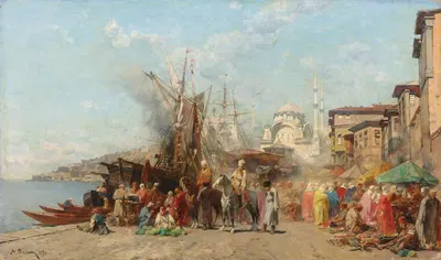 A market before Nusretiye Camii mosque in Tophane, Constantinople by Alberto Pasini, 1870 — digital art print download