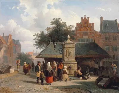 У колодца на голландской площади by Корнелис Спрингер, 1850 — digital art print download
