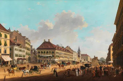 Охотничья улица с театром Леопольдштадта by Франц Шейерер, 1825 — digital art print download