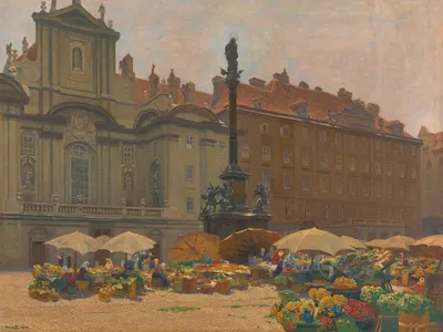 Am Hof (Kirche, Kriegsministerium und Mariensäule mit Blumenmarkt ) by Hans Wilt, 1914 — digital art print download