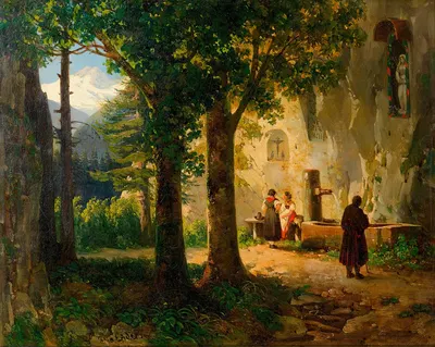 Andächtige bei einer Heilquelle (Landschaft mit Brunnen) by Thomas Ender — digital art print download