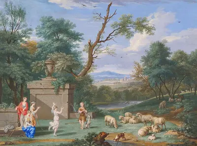 Классический пейзаж с пастухами и пастушкой by Бернард Ленс III, 1717 — digital art print download