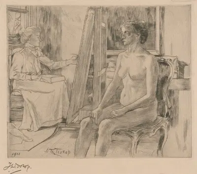 Kunstenares werkt naar vrouwelijk naaktmodel by Ян Тoorоп, 1901 — digital art print download