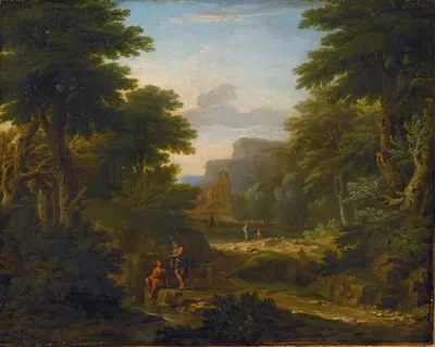 Лесной пейзаж с фигурами, отдыхающими у ручья by Джордж Ламберт, 1725 — digital art print download