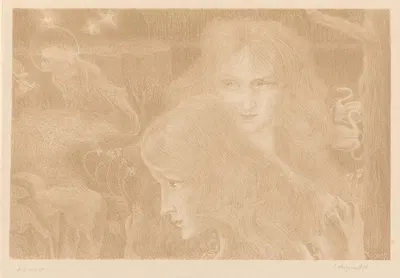 Twee jonge vrouwen, zwanen en een zaaiende oude man by Ян Тoorоп, 1898 — digital art print download
