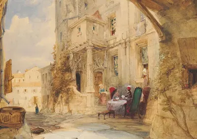 French Scene With Figures by James Holland, 1845 — digital art print download