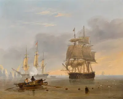 Британский военный корабль у Нидлов, остров Уайт by Джон Уилсон Кармайкл, 1844 — digital art print download