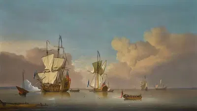 Вечерний выстрел; военные корабли и баржи на спокойном море by Питер Монами — digital art print download