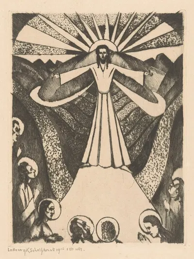 Christus met gespreide armen in een heuvellandschap by Lodewijk Schelfhout, 1915 — digital art print download