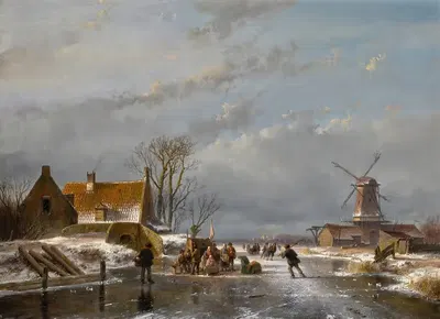 Winter landscape with skaters and a koek-en-zopie by Andreas Schelfhout, 1856 — digital art print download