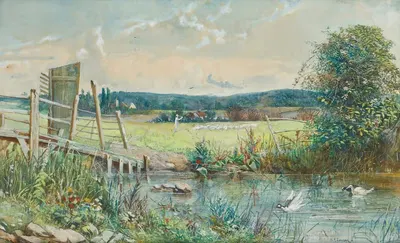 Shepherd and his flock, in a river meadow by Cecil Gordon Lawson, 1868 — digital art print download