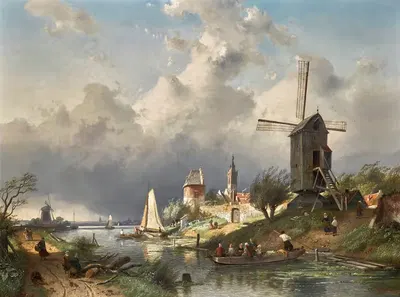 Речной пейзаж с ветряной мельницей by Шарль Лейкерт, 1868 — digital art print download