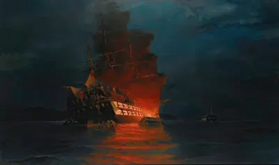 Burning of a Turkish flagship by Konstantinos Volanakis — digital art print download