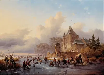 Зимний пейзаж с активностями на льду у замка by Фредерик Мариус Крусман, 1850 — digital art print download