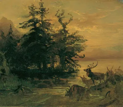 Покойные олени на берегу горного озера by Фридрих Август Маттиас Гаурманн, 1850 — digital art print download