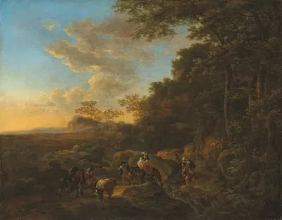 A wooded landscape with travellers crossing a ford by Jan Both — digital art print download