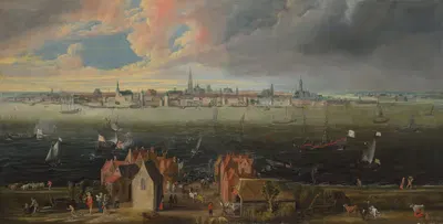 Панорамный вид на город Антверпен через реку Шельду by Ян Уилденс — digital art print download