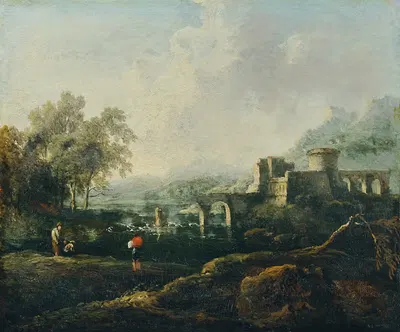 Идеальный пейзаж с рекой и руинами моста (Утро) by Иоганн Кристиан Бранд, 1770-1780 — digital art print download