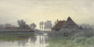 Фермерские дома у воды в утреннем тумане by Поль Жозеф Константин Габриэль, 1838 - 1903 — digital art print download