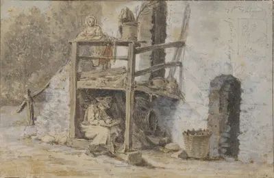 An artist sketching under the porch of a rural stone building by Пьер-Антуан Демаки — digital art print download
