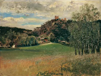 Die Meiereiwiese in der Vorderbrühl mit der Ruine Mödling by Anton Romako, 1885 — digital art print download
